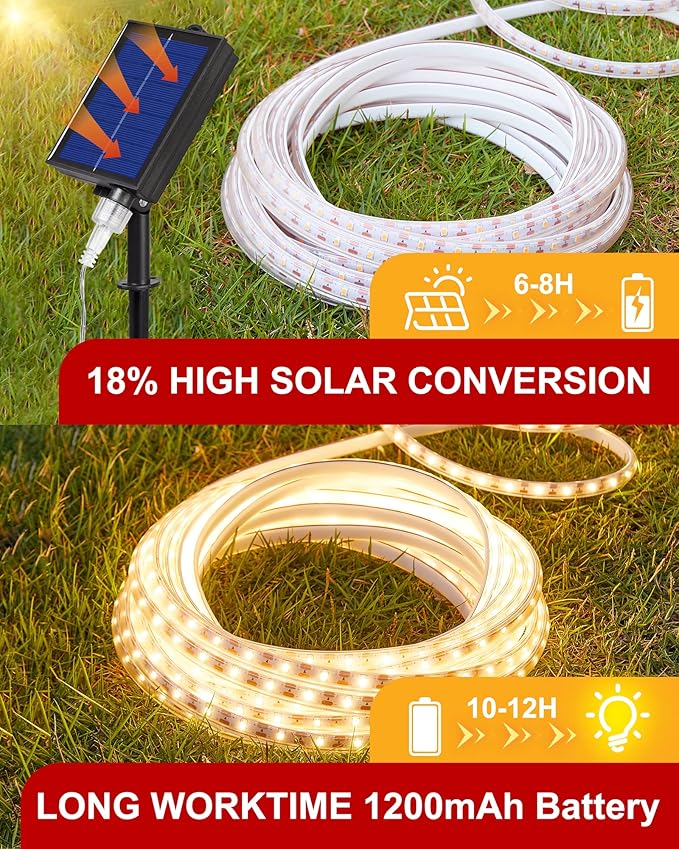 LUHLEE Solar LED Strip Lights Outdoor,Brighter 300 LED 16.4FT Solar String Lights Outdoor with Remote,8 Lighting Modes Auto ON/Off Rope Lights for Outside,Deck,Steps,Christmas Decor Lighting