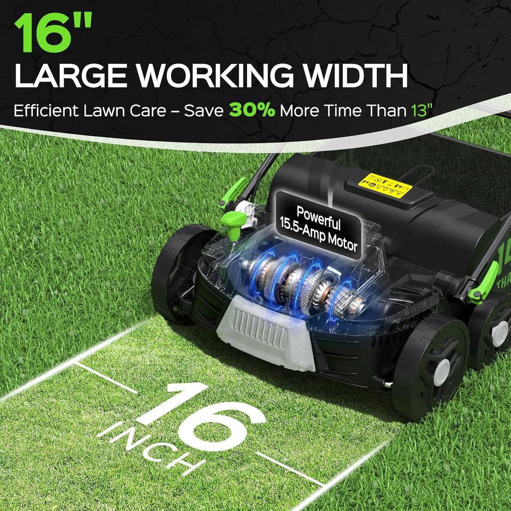 16-Inch 15.5 Amp 2-in-1 Electric Dethatcher and Scarifier with 14.5-Gallon Removable Thatch Collection Bag, Lawn Dethatcher with 5-Position Depth Adjustment, Quick-Fold, Keeps Lawn Healthy