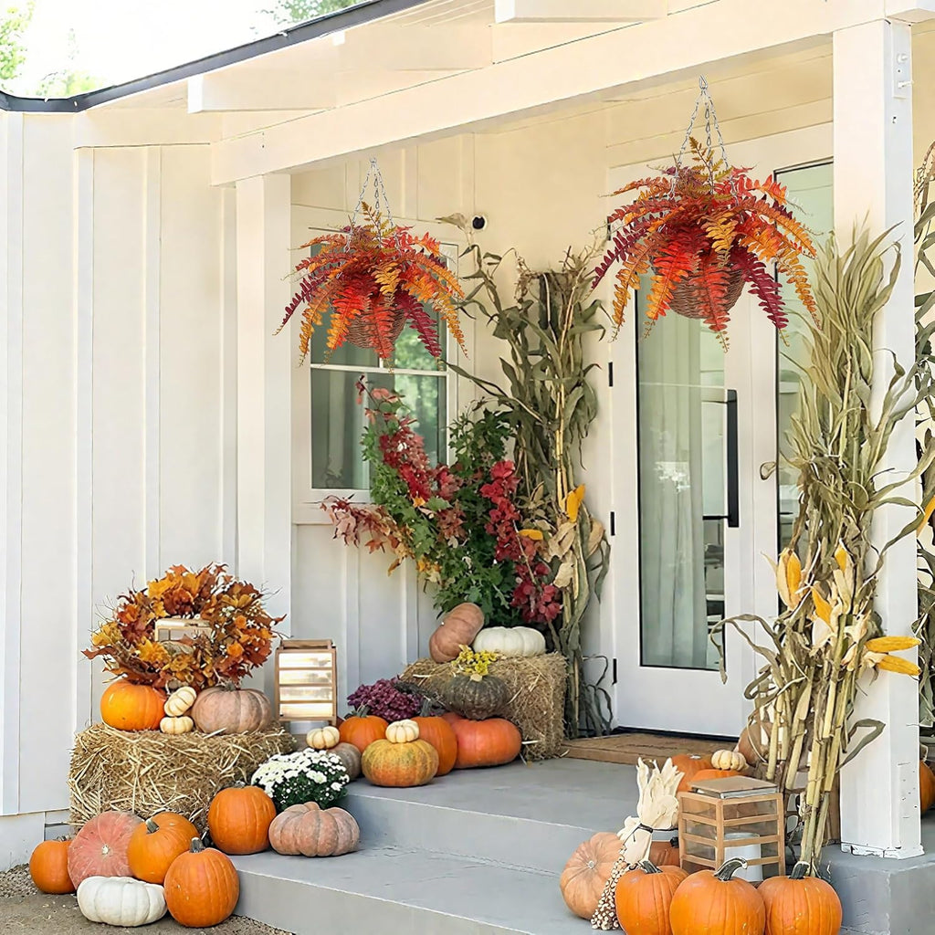 Hollyone Fall Hanging Baskets Small Artificial Fern Orange 21 Leaves Fall Hanging Decor Plant Boston Ferns Silk Plants with Brown Rattan Baskets Outdoors Indoor Fake Fern Autumn Decorations for Home