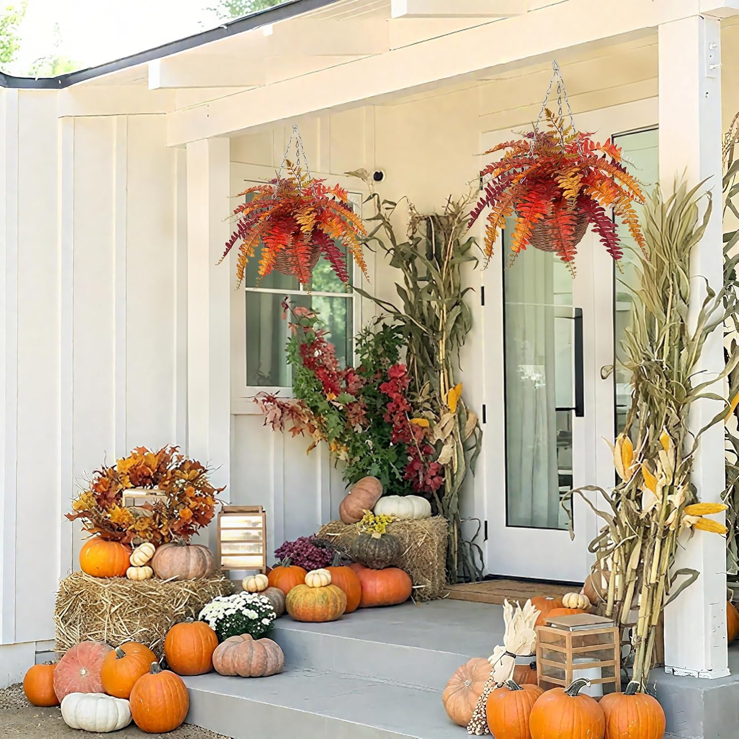 Hollyone Fall Hanging Baskets Small Artificial Fern Orange 21 Leaves Fall Hanging Decor Plant Boston Ferns Silk Plants with Brown Rattan Baskets Outdoors Indoor Fake Fern Autumn Decorations for Home