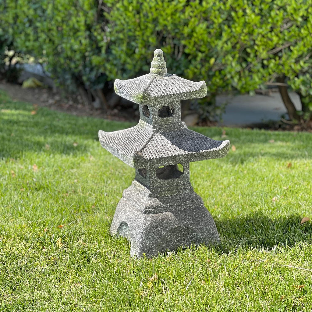 Galt International 2 Tier Pagoda Garden Statue LED Solar Powered Light 26" Tall Outdoor Zen Garden Lantern Landscape Lawn Asian Pagoda Stupa Decor Grey Resin