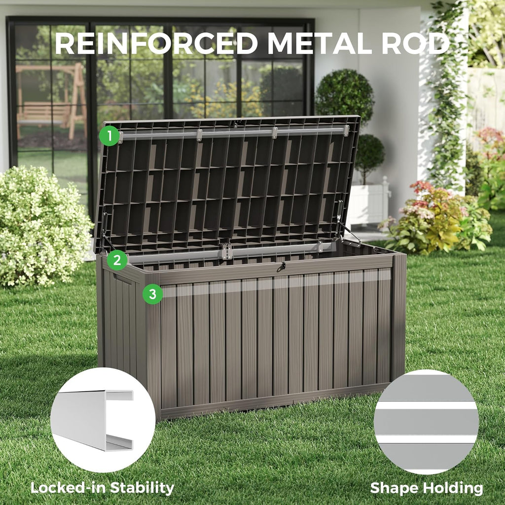 150 Gallon Resin Deck Box, Large Indoor and Outdoor Storage Box, Weatherproof and UV Resistant Outdoor Storage Box with Built-in Steel Beams for Patio, Cushions, Pool Supplies