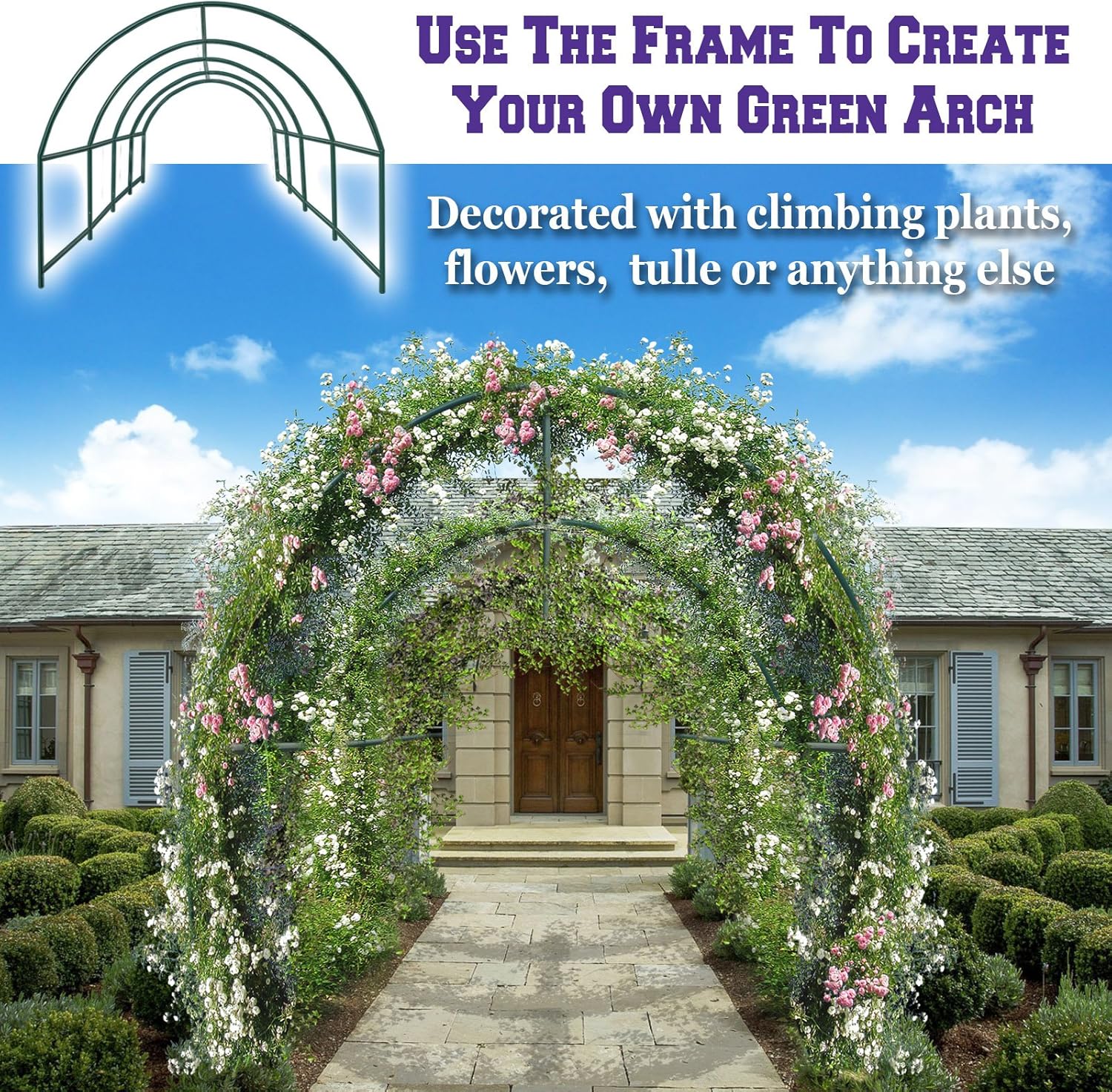 Benefit-USA Multi-Size Large Garden Support Arch Frame Climbing Plant Arch Arbor for Flowers/Fruits/Vegetables (19.7'X9.8'X7'), Green