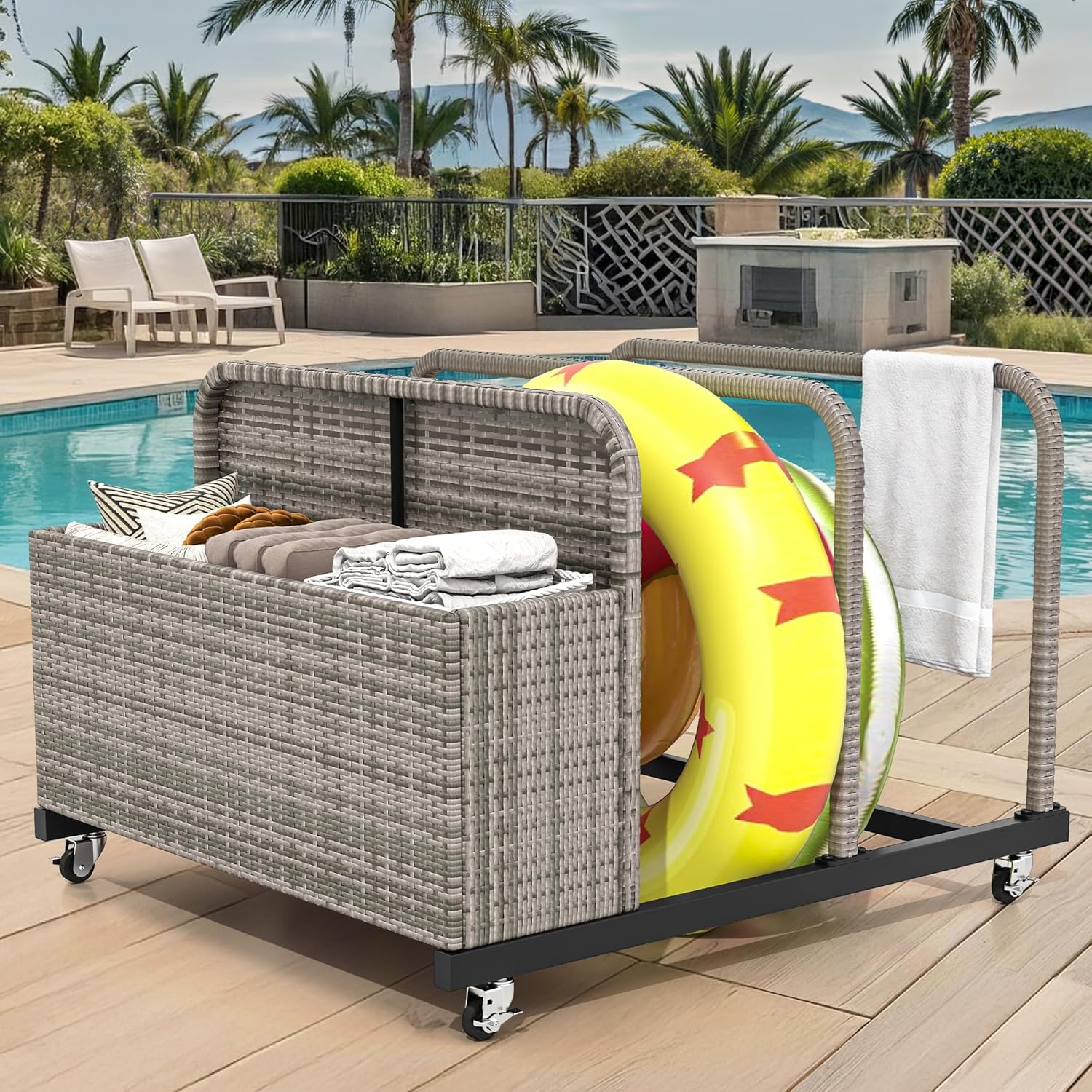 DWVO Pool Float Storage, Pool Storage Bin with PE Rattan,Pool Storage for cushions, Floaties, Noodles, Life Vests, Beach Balls, Patio Furniture (Grey)
