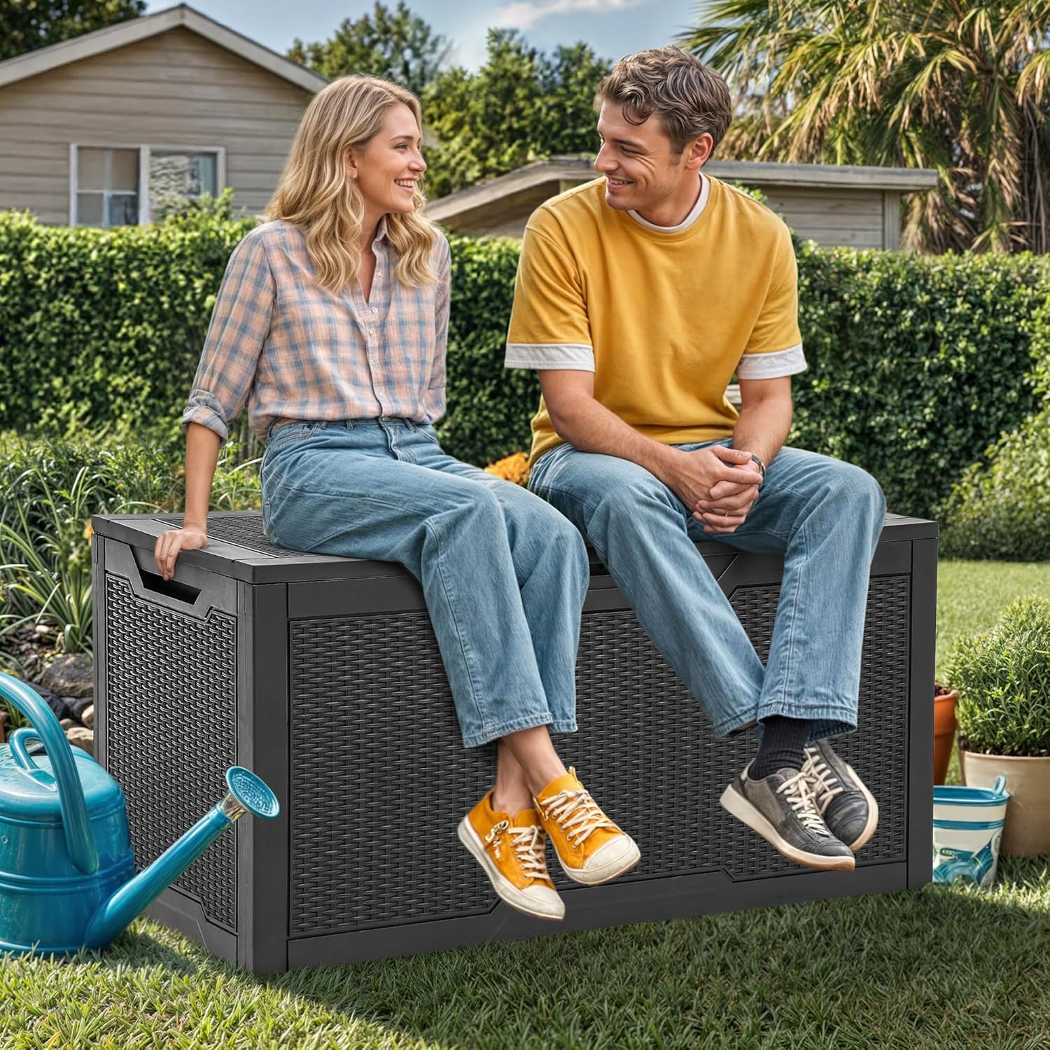 YITAHOME 100 Gallon Outdoor Storage Box, Large Water Resistant Resin Deck Box, Indoor Outdoor Lockable Storage Container for Patio, Garden, Cushions, Tools, Equipment (Black)