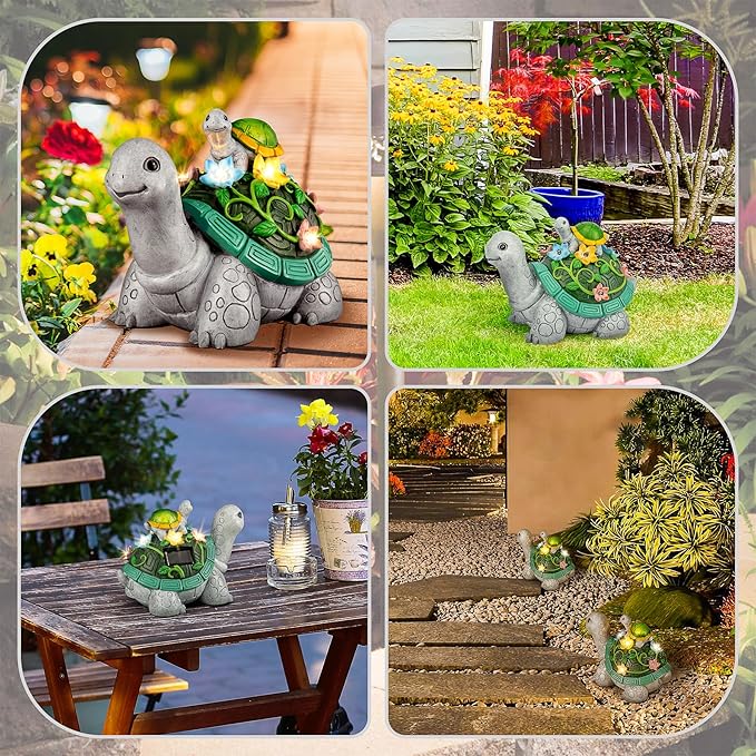 LESES Garden Statues, Turtle Solar Statue Garden Decor Clearance, Cute Turtle Figurines with Baby & 7 LED Solar Lights Lawn Decorations for Patio Yard Gifts for Mom Grandma Housewarming