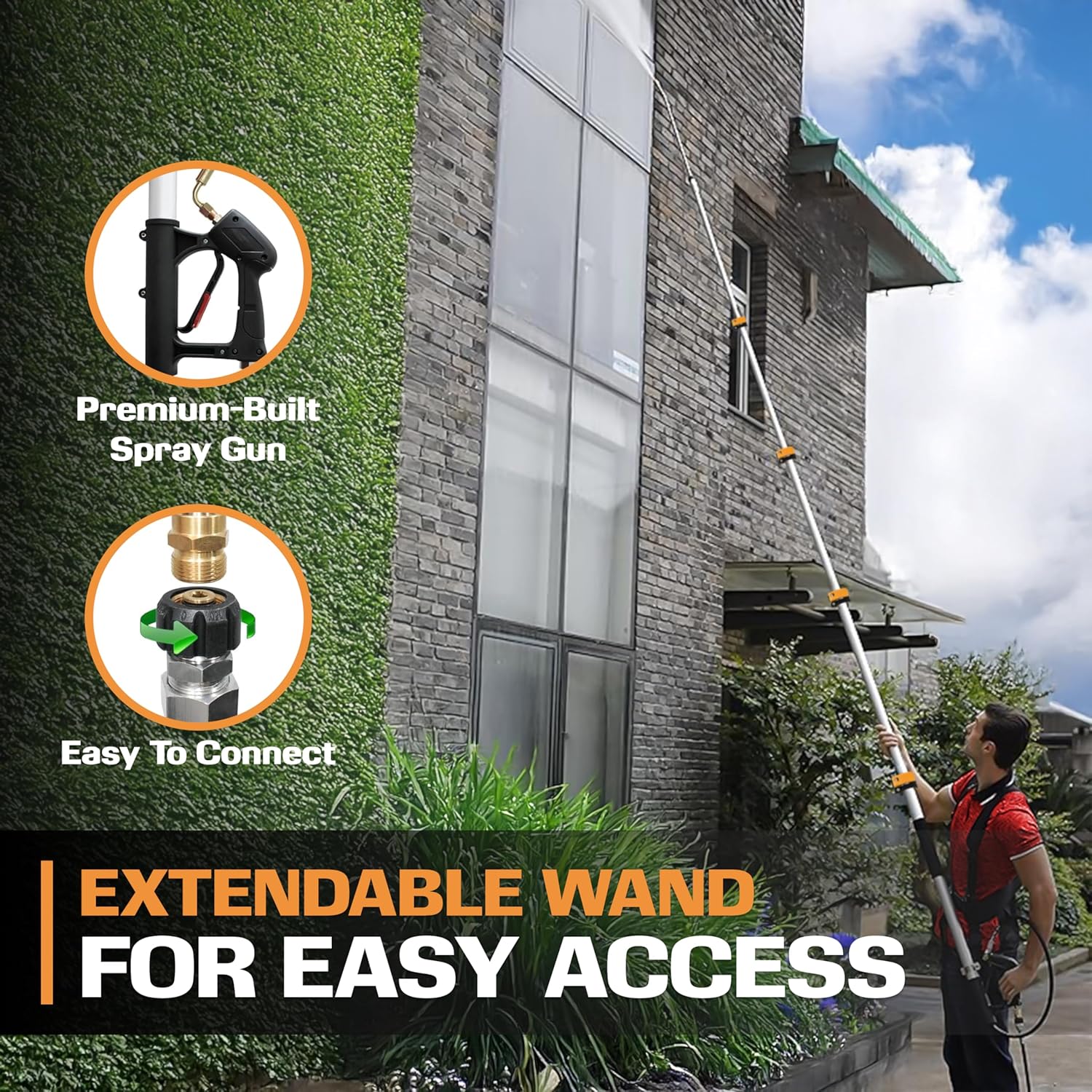 EDOU 20 ft Telescoping Pressure Washer Wand - Power Washer Gutter Cleaner Tool - 4,000 PSI Extension Pole with 1/4" Quick Connection, 5 Spray Nozzles, 2 Couplers, and Support Harness