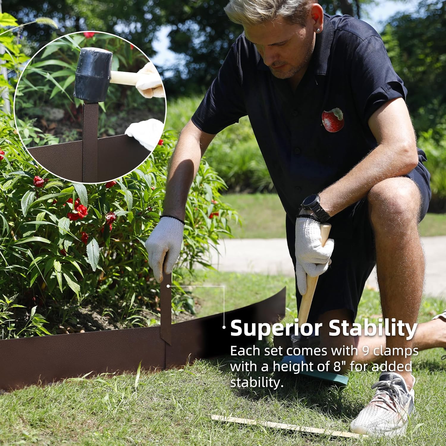 Solution4Patio 8-Pack Galvanized Steel Landscape Edging with Brown Textured Finish – 40" L x 10" H Hammer-in Metal Border Strips with 9 Clips & Gloves – Durable Garden Edge for Lawn, Yard, and Pathway