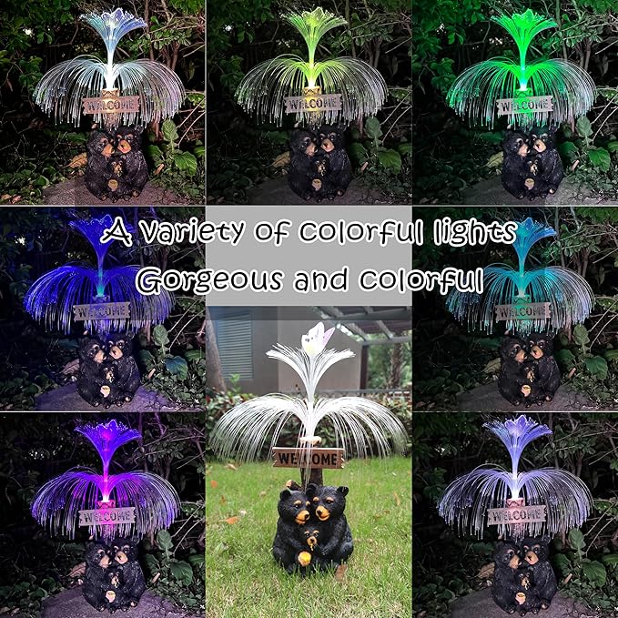 Solar Bear Garden Statues,Resin Black Bear Family Figurine with Welcome Card and 7-Color Changing Optical Fiber with Solar Lights, Lawn Decor Outdoor Statue for Patio,Balcony,Yard,Lawn