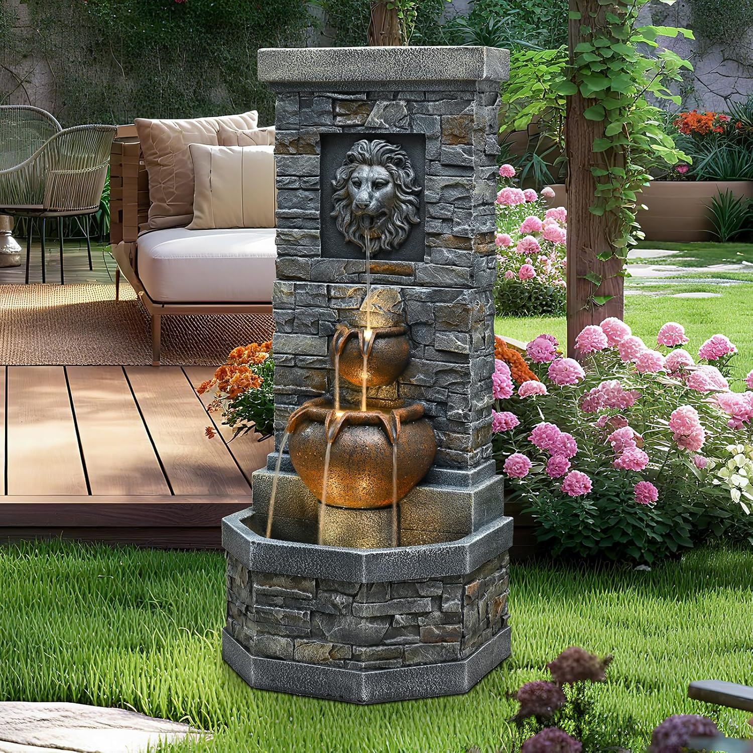 42'' Outdoor Garden Floor-Standing Water Fountain Lion Head Stone with Lights Outdoor Waterfall for Patio, Backyard, Deck, Porch and Home Art Decor