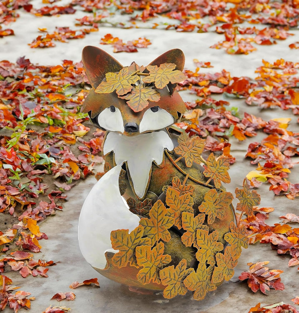 coolboy Garden Metal Fox Outdoor Statues,Interesting Maple Leaf Fox Sculpture for Patio Lawn Home Decor,Garden Art Decoration Ornament for Indoor,Terrace, Lawn,Yard,Animal Decorative