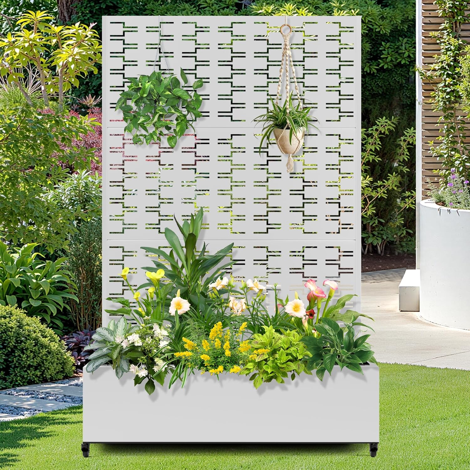 FENCY Metal Raised Garden Bed with Wheels and Trellis,73"x47"x16" Planter Box for Climbing Plants, Vegetables & Vines, Features Privacy Screen and Drainage Holes (White-Brick)