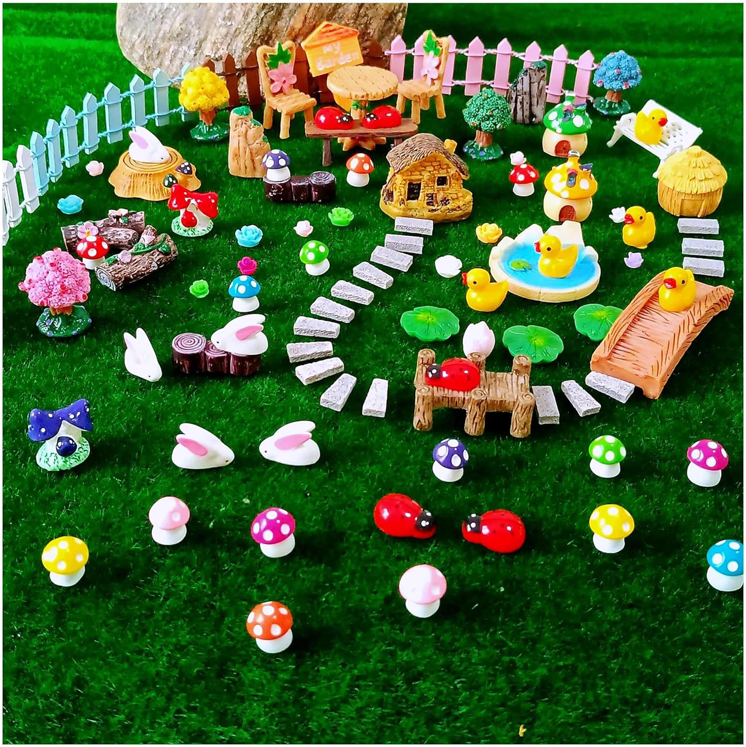 100 Pcs Miniature Fairy Garden Accessories Mini Landscape, Resin Micro Buildings Structures Tiny Animals Figurines