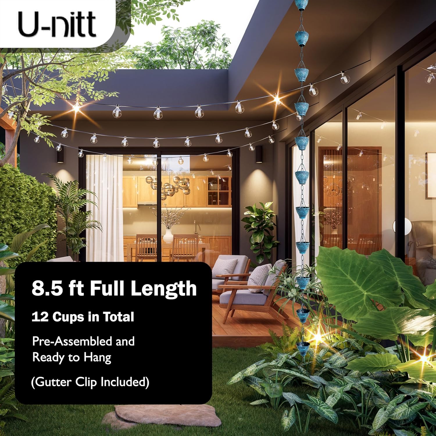 U-nitt Rain Chain Water Collection for Gutters, Rainwater Catcher & Diverter, 8.5 FT Chains for Outside Garden, Sunflower Cups, Roof Downspout, Works with Heavy Rain, w/Gutter Clip for Rainchains