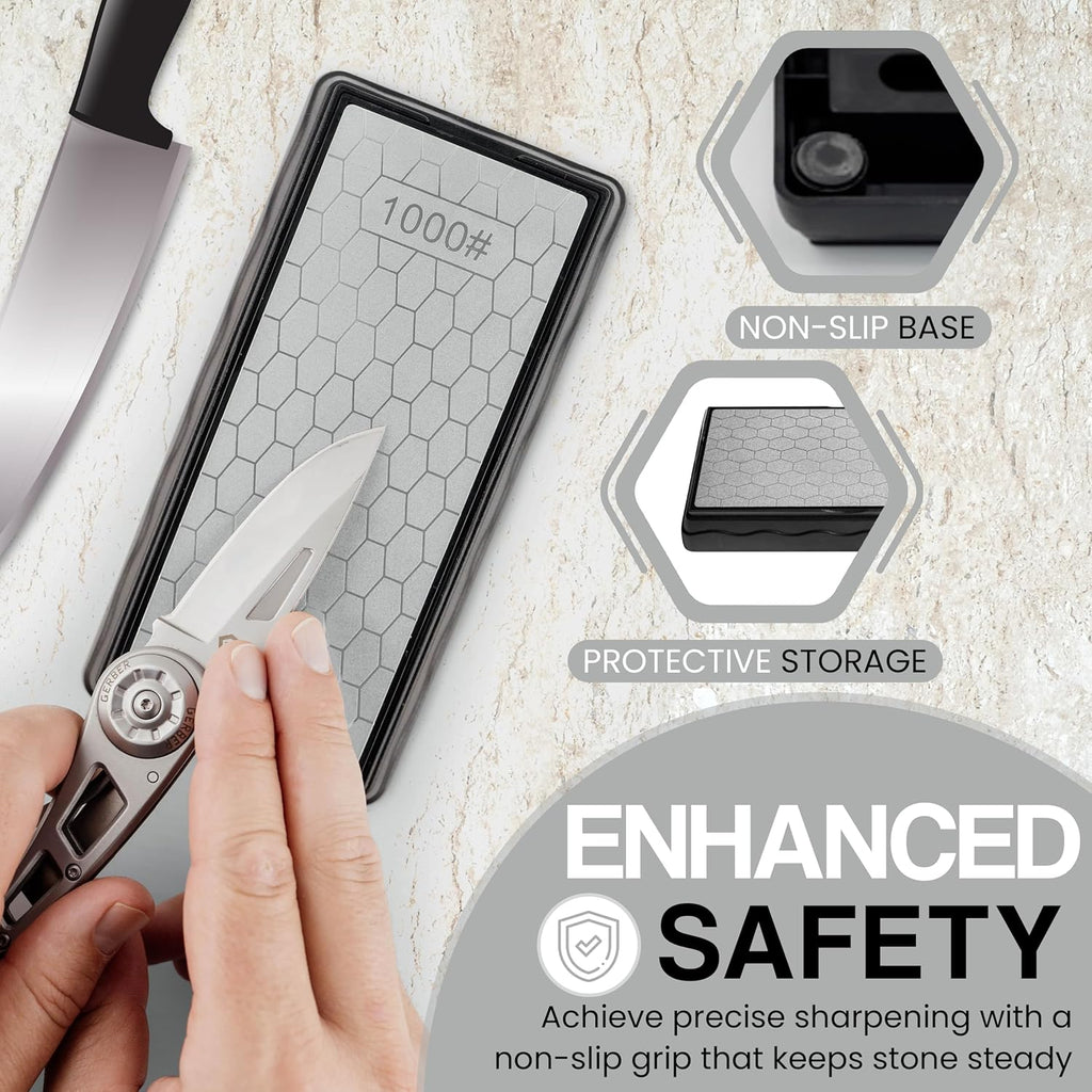 Premium-Grade Diamond Sharpening Stone Set - Double Sided Diamond Knife Sharpener | 400/1000 Grit Stone W/Non-Slip Base & Cover I Replacement to Knife Whetstone & Chisel Sharpening Kit