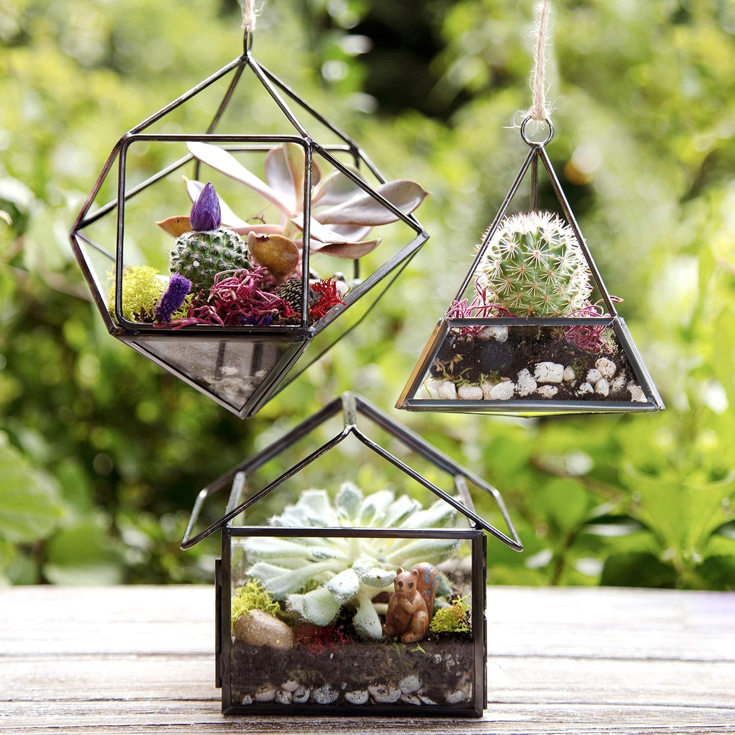 D'Eco Glass Geometric Plant Terrarium 3Pk - Hanging Brass Triangle, House & Prism Planters - Succulents, Air Plants, Moss - Summer Home, Garden, Wedding & Office Botanical Decor- Gift for Plant Lovers