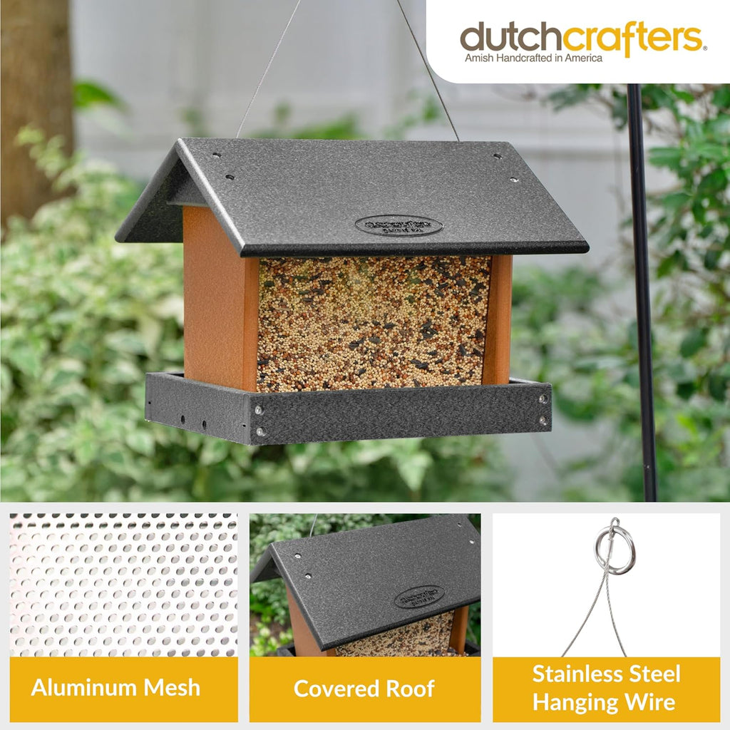 Poly Hanging Hopper Bird Feeder, Large Hanging Bird Feeder for Outside, Outdoors - Amish American Made (Black & Cedar)