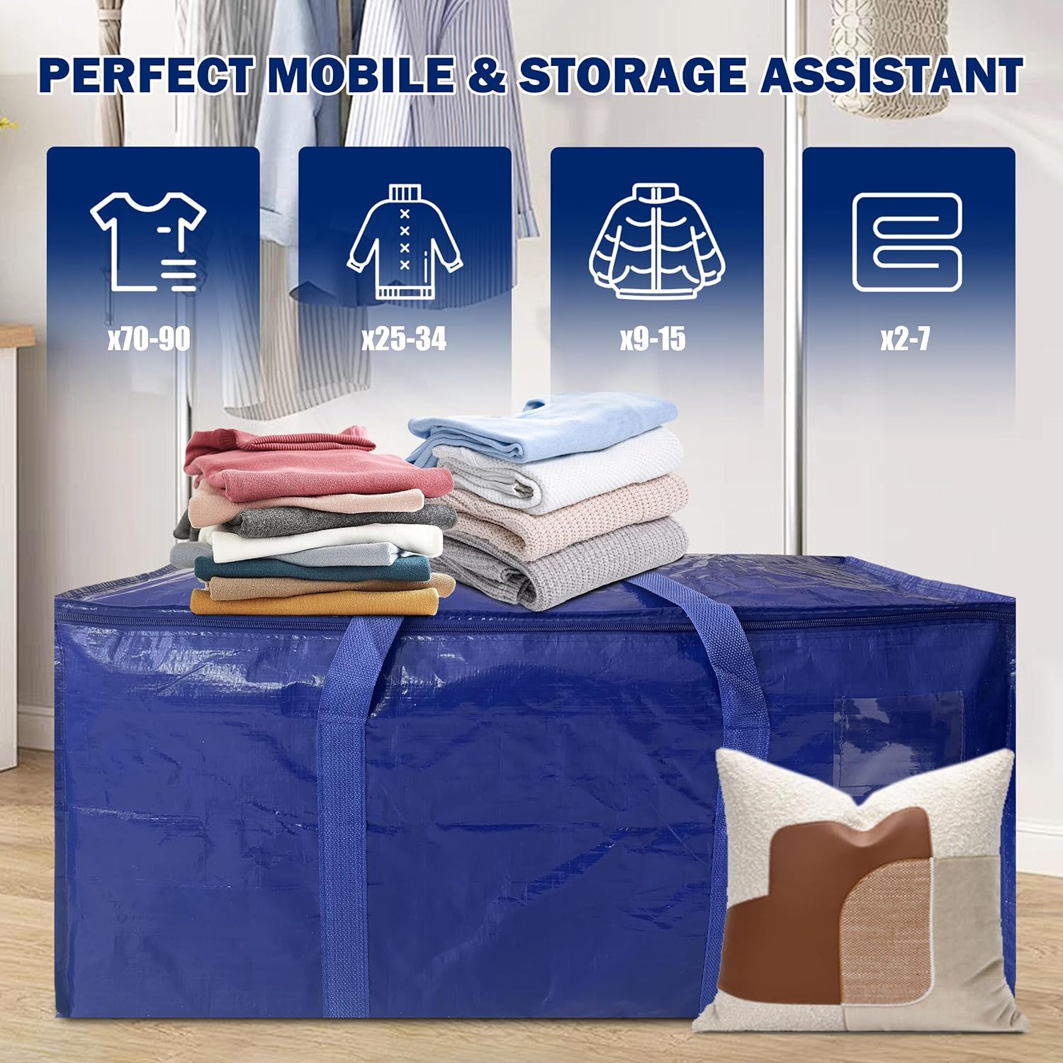 12 Pack Extra Heavy Duty Large Moving Bags with Strong Zipper & Carrying Handles, Sturdy Clothes Storage Bag Totes Bins, Packing Bags Moving Boxes College Moving Supplies, Dark Blue - 40 gal