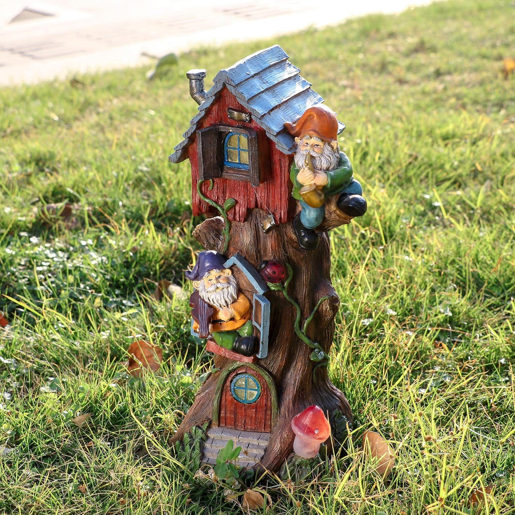 TERESA'S COLLECTIONS 11" Tall Large Garden Statues Gnome Treehouse with Solar Outdoor Light, Garden Sculptures Statues Figurines Resin Garden Decor Lawn Ornaments Patio Yard Decor Gifts for Mom