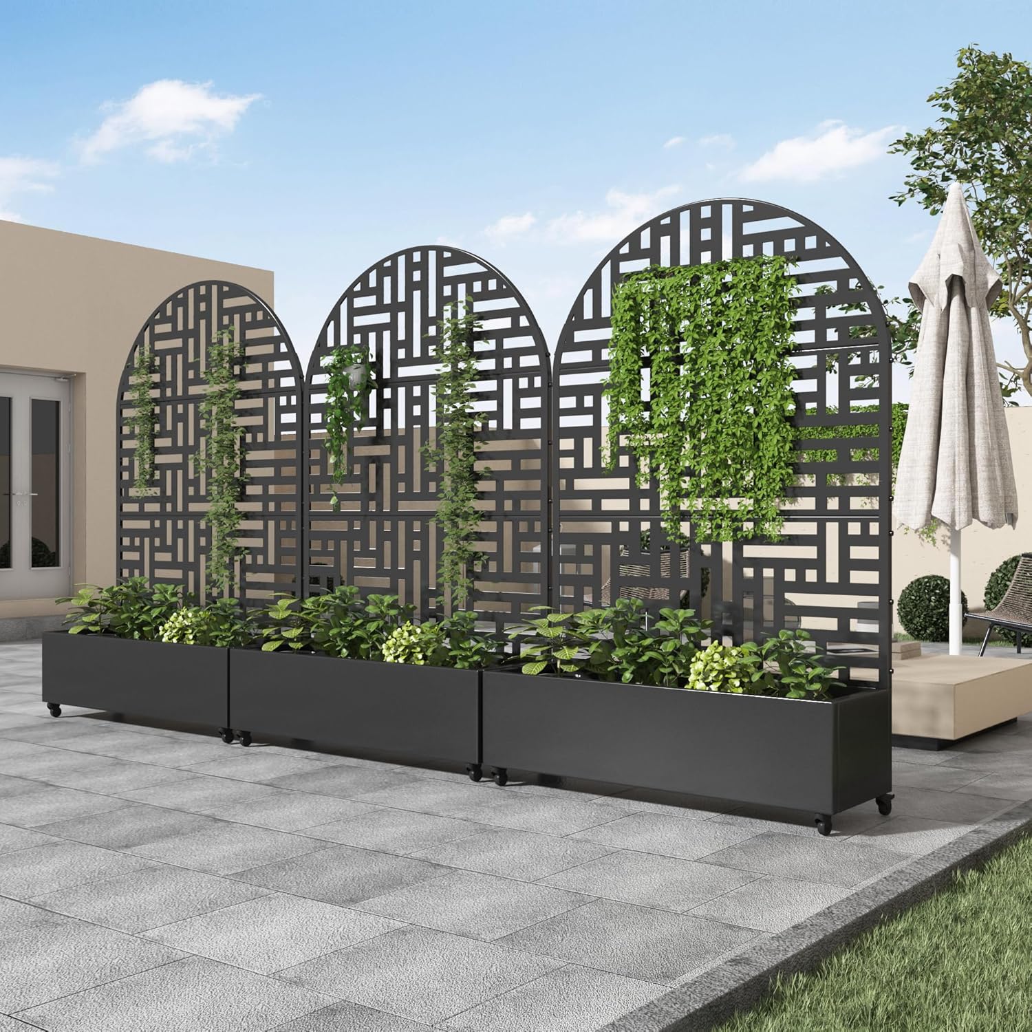 Casaphoria Metal Raised Garden Bed with Trellis and Wheels, 72"x47"x16" Planter Box for Climbing Plants, Vegetables & Vines, Features Drainage Holes and Privacy Screen (Black-Helen)