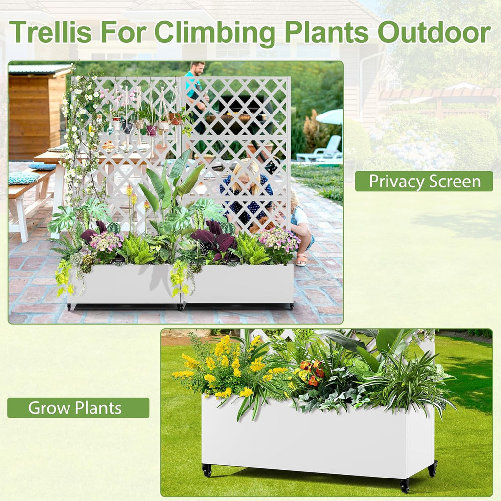 Metal Planter Trellis Box with Wheels & Drain Plug Outdoor Raised Garden Bed Patio Privacy Screen with Planter for Climbing Plants, Vegetables 73"x35"x16" White-Diamond