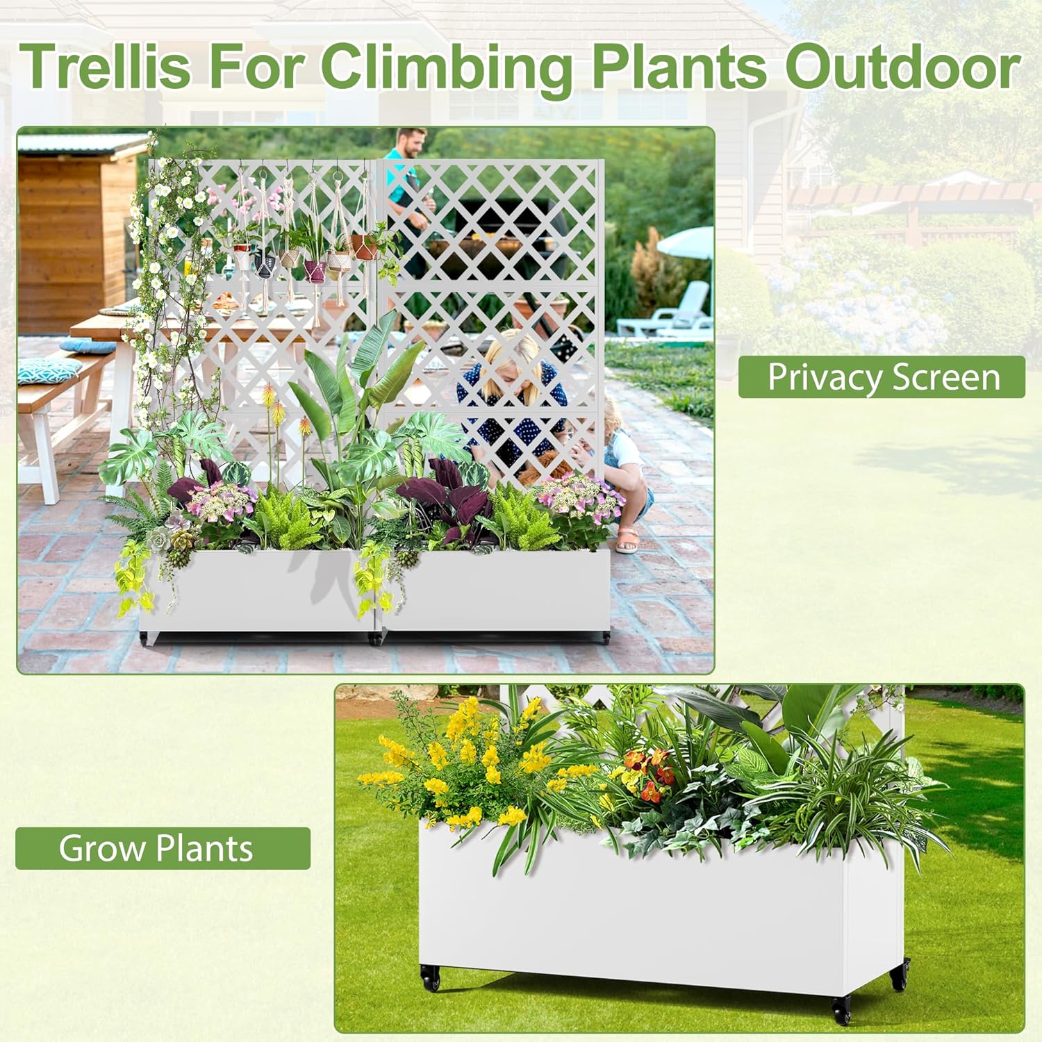 Metal Planter Trellis Box with Wheels & Drain Plug Outdoor Raised Garden Bed Patio Privacy Screen with Planter for Climbing Plants, Vegetables 73"x35"x16" White-Diamond