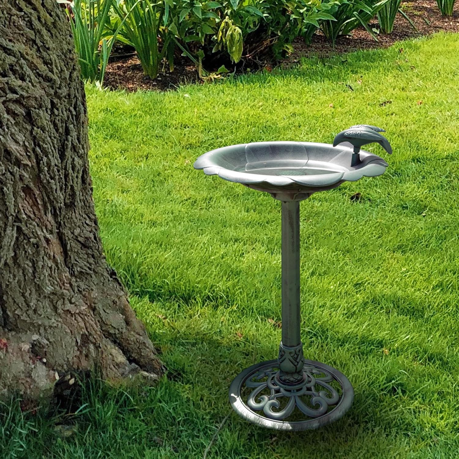 Alpine Corporation TEC114 31" Tall Outdoor Antique Flower Birdbath with Bird Decoration Yard Statue, Durable Polypropylene Construction for Patio, Deck, or Yard
