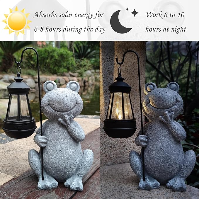 Frog Solar Garden Statues,Resin Frog Figurine Decorations with Solar Lights Lantern, Outdoor Frog Garden Decor Art for Lawn,Yard, Unique Housewarming Gift for Garden Home