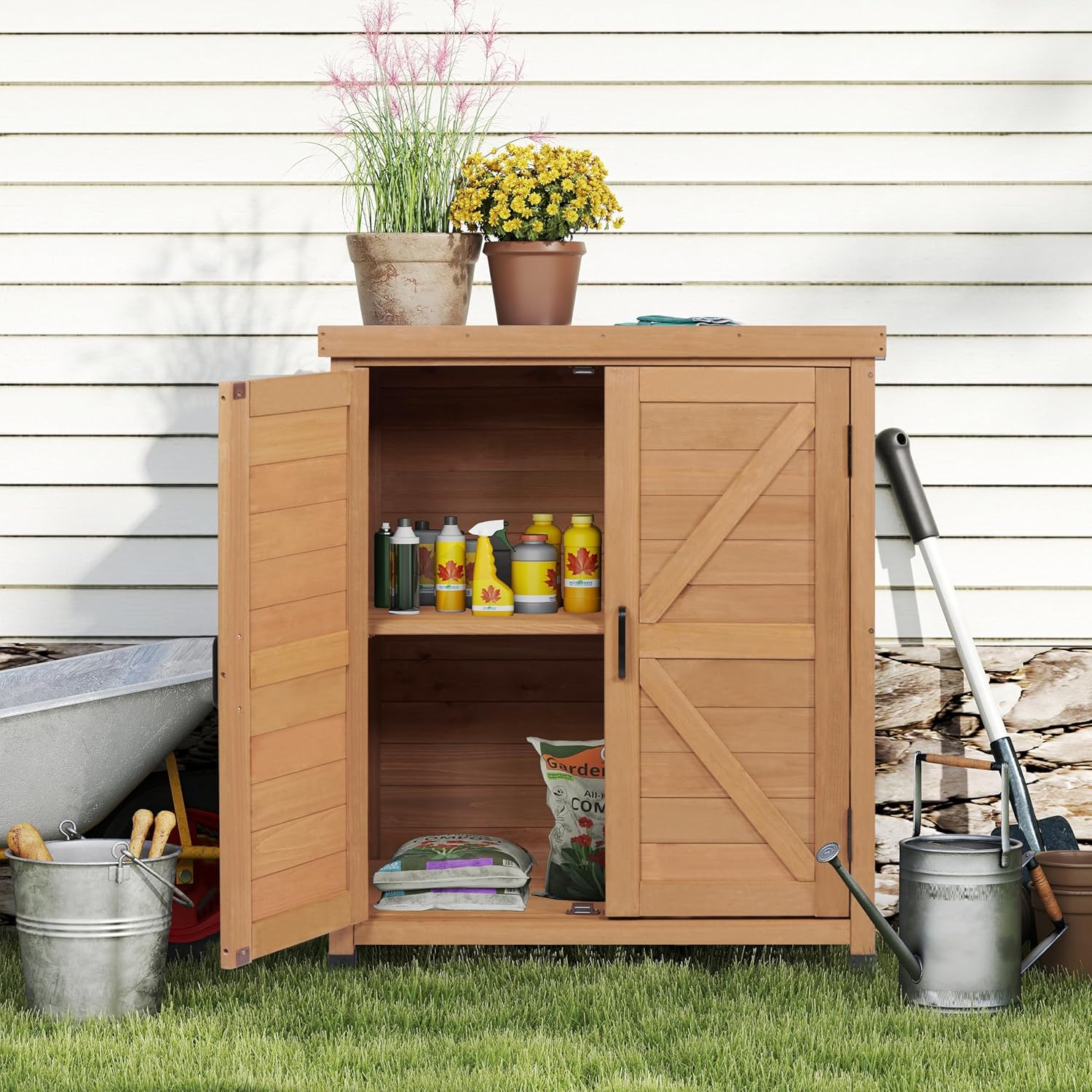 Potting Bench with Storage Cabinet and Metal Table Top for Outdoor Patio, Garden Furniture Wood Workstation