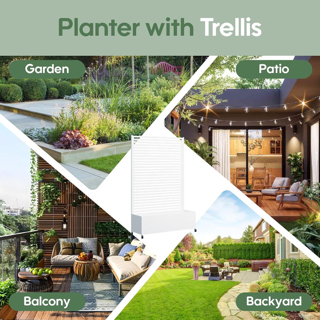 Metal Planter Box with Trellis Privacy Screen, Raised Garden Bed with Trellis & Wheels, Privacy Planters for Patio, Planter Box with Drainage Holes for Climbing Plants, Flower, 73"x 47"x 16", White