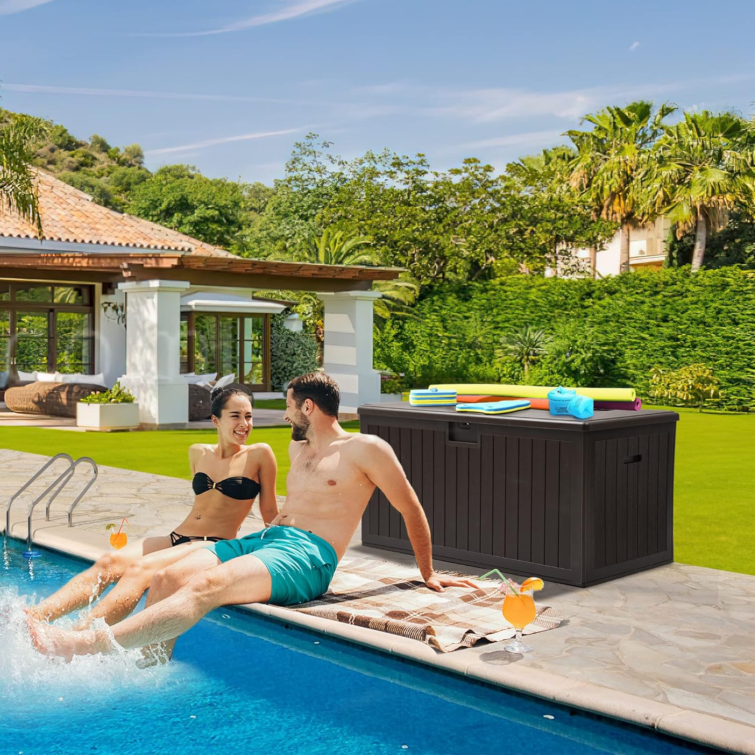 YITAHOME 150 Gallon Double-Wall Deck Box with Side Handles, Outdoor Large Storage for Patio Furniture Cushions, Garden Pool Accessories, Water Resistant & Lockable