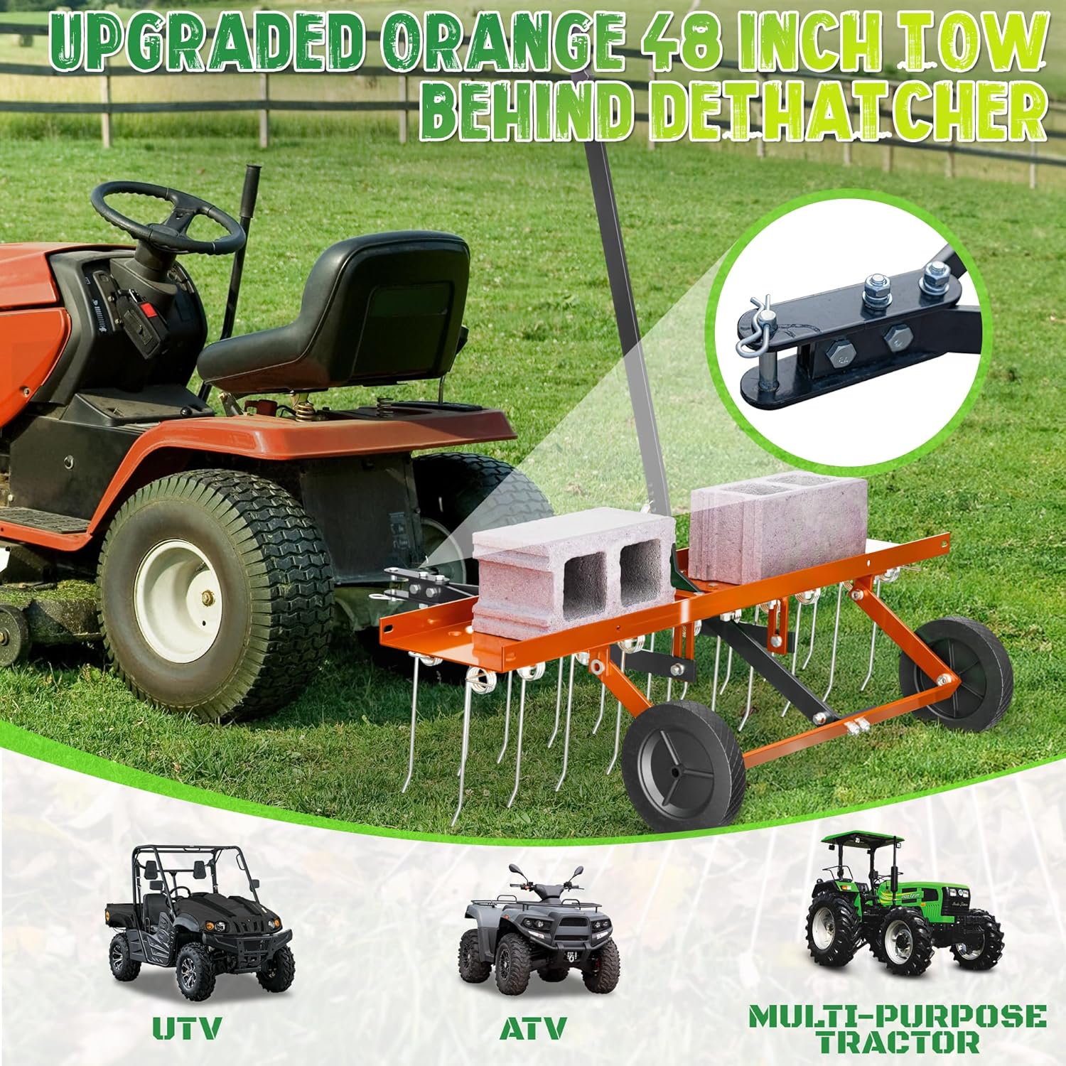 48 Inch Orange Tow-Behind Dethatcher with 24 Spring Steel Tines, Pull Dethatcher for Outdoor Yard Care, Garden Farm Grass Tractor Rake to Remove Thatch, Leaves and Needles from Large Lawn Areas