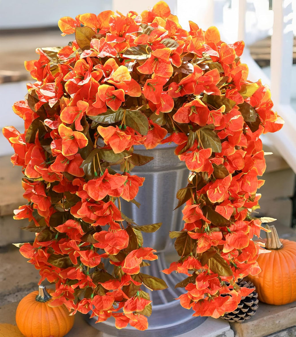 Bougainvillea Artificial Fall Hanging Flowers Plants for Outdoors Autumn Decoration, 2pcs Faux Bougainvillea Vines Orange Fake Flowers Realistic UV Resistant Silk Flowers for Outside Planter Yard Home