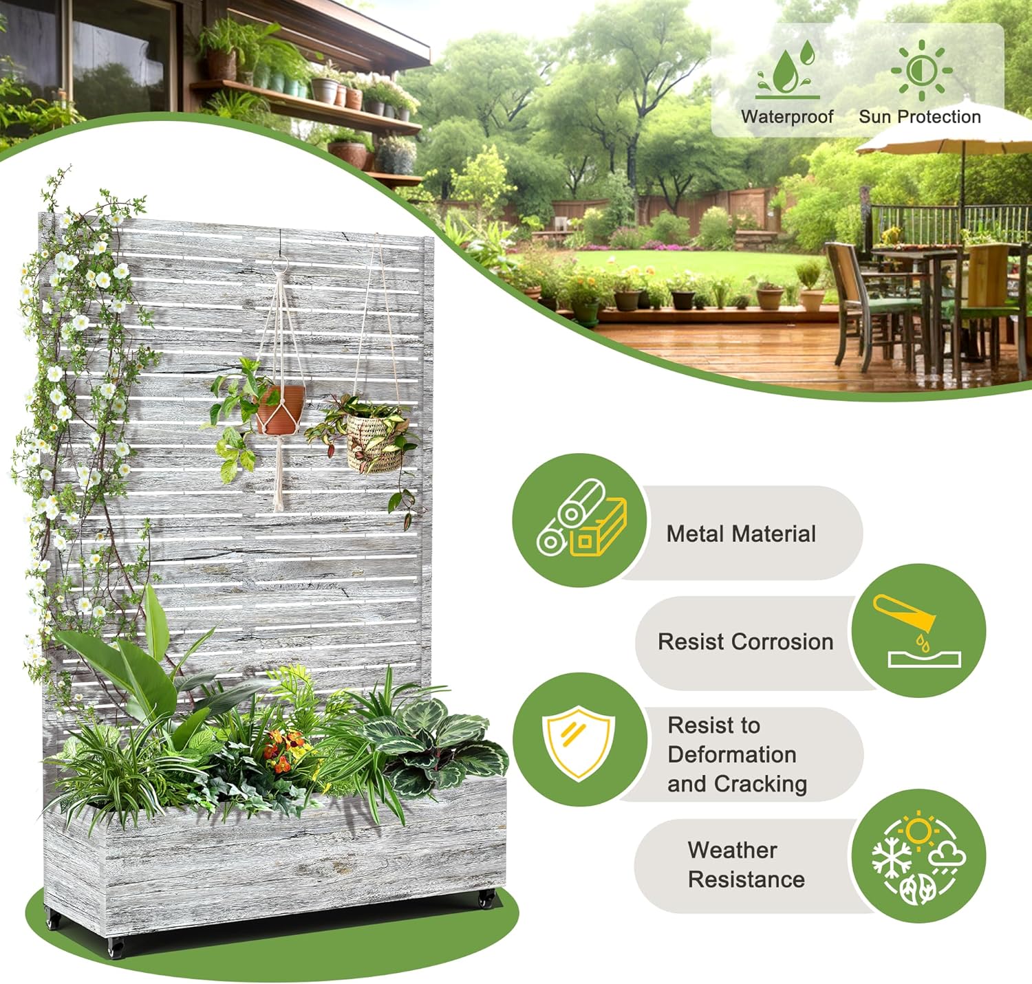 FENCY Metal Raised Garden Bed with Wheels and Trellis,73"x47"x16" Planter Box for Climbing Plants, Vegetables & Vines, Features Privacy Screen and Drainage Holes (White Wood Color)