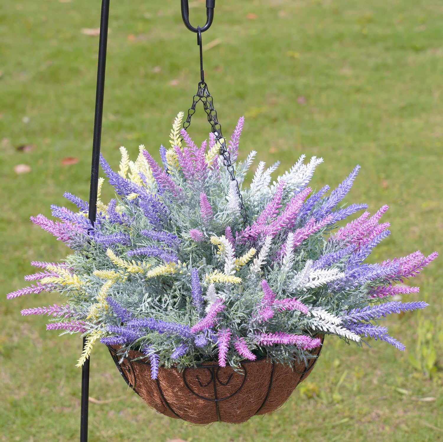 Artificial Fake Fall Hanging Flowers Plants Basket for Outdoor Outside Summer Decor, Faux Mixed Colorful Lavender in Coconut Lining Planter Look Real UV Resistant for Home Patio Porch Balcony Yard