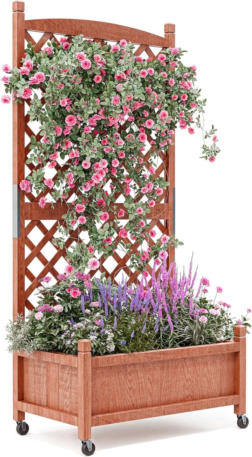 29.5" x 13"x 61.5" Wood Planter Box With Trellis For Plant & Flower, Raised Garden Bed With Wheels, Standing Vertical Horticulture Trellis Planter With Drainage Holes for Patio Garden, 1PC