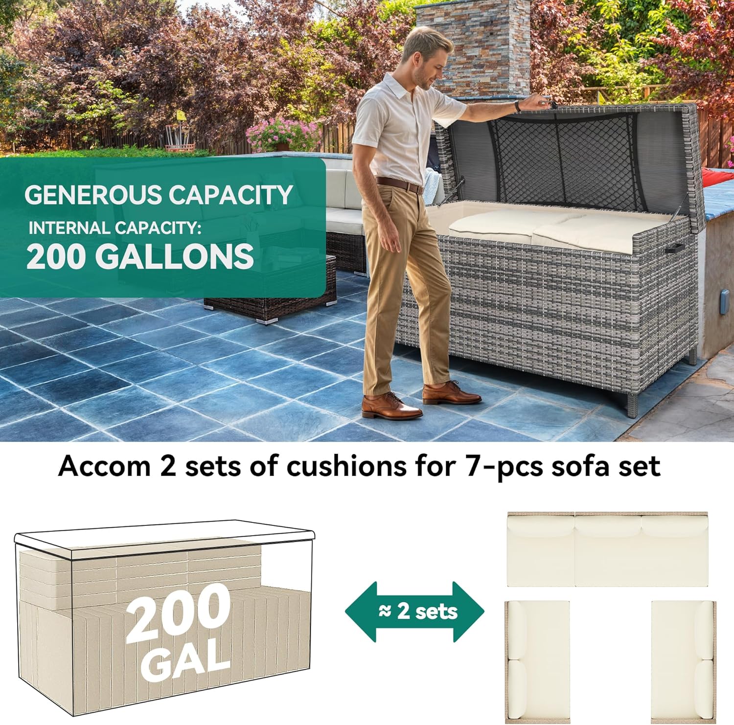 YITAHOME 200 Gallon Large Wicker Deck Box w/Storage Net, Rattan XL Outdoor Storage Box Patio Cushion Storage, Patio Storage Box for Garden Tools, Pool Sports Equipment (Grey)