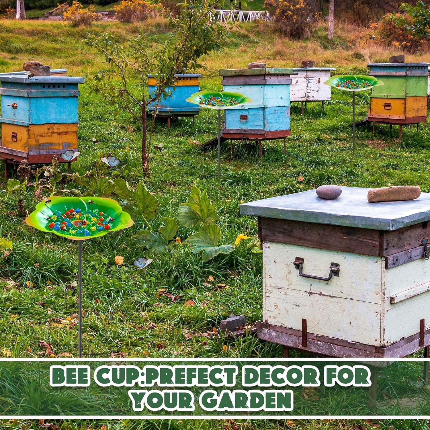 Tandefio Vivid Flower Bee Watering Station Metal Butterfly Water Feeder with 30 Colorful Glass Marbles Bee Feeder Butterfly Bath Bowl for Garden Outdoor Yard Decors(Green,Flower)