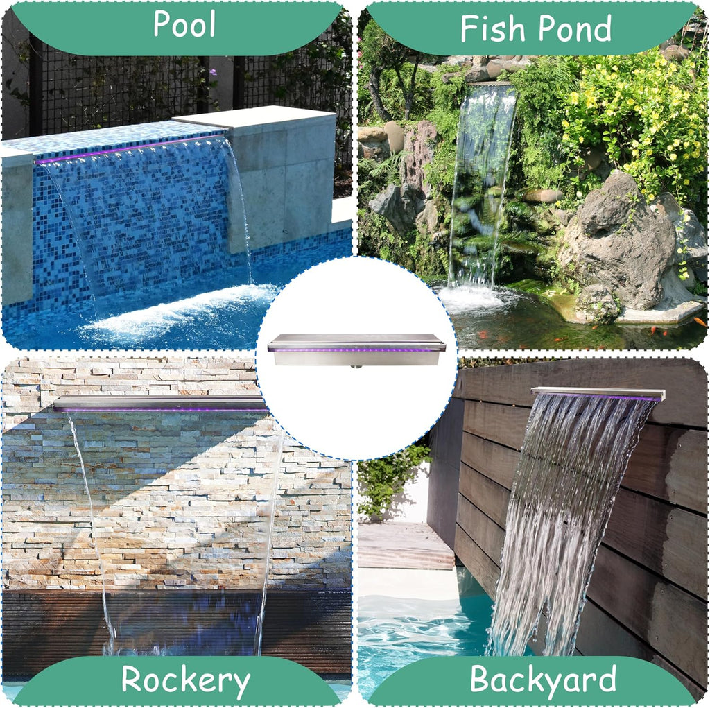 19.6 Inch Pool Waterfall Spillway, Stainless Steel Pond Waterfalls with Multi Color-LED Light Outdoor Pool Fountain, Water Flow Fountains Kit for Garden Patio & Rockery Decoration