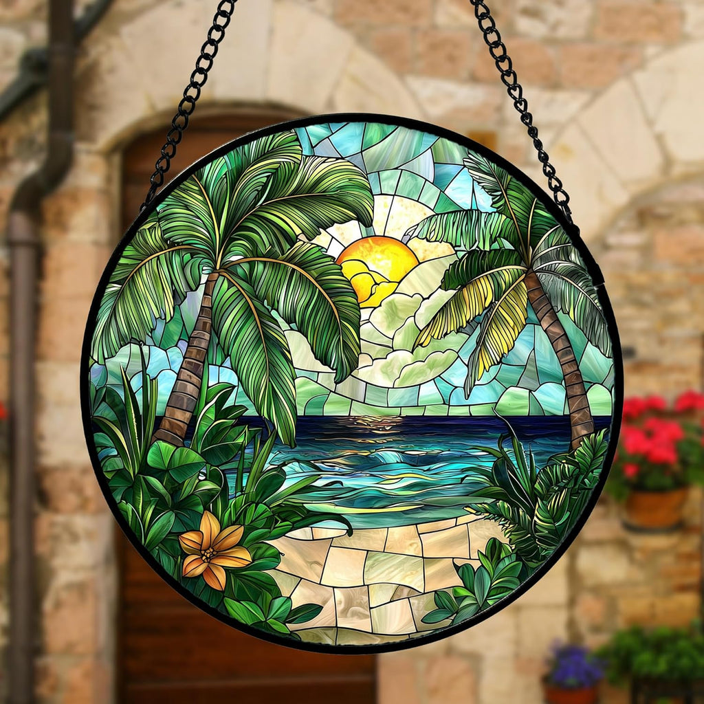 Stained Glass Window Hanging, Green Beach Scenery Suncatcher Diamond Glass Panel Hangings Sun Catchers Decor for Birthday for Women, Men, Wife, Aunt, and Mom 11.8x11.8 in