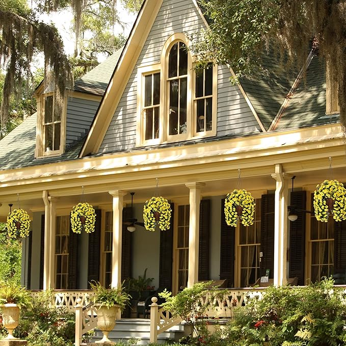 NXUGAO Artificial Flowers with Hanging Basket for Outdoors Indoors Decor, Faux Silk Chrysanthemum Plants in Baskets for Home Decoration Garden Yard Patio, 4 Bundles with 1 Basket