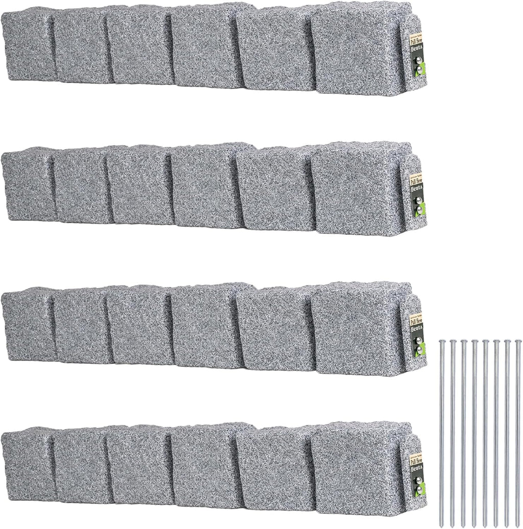 Beuta Landscape Edging | Garden Edging Border | Faux Stone Blocks for Lawn Edging, Flower Beds & Yard Edging – 4 Pack | Each Section Has 6 Blocks 48" L x 4" W x 6.5" H | 8 Spikes | Greystone