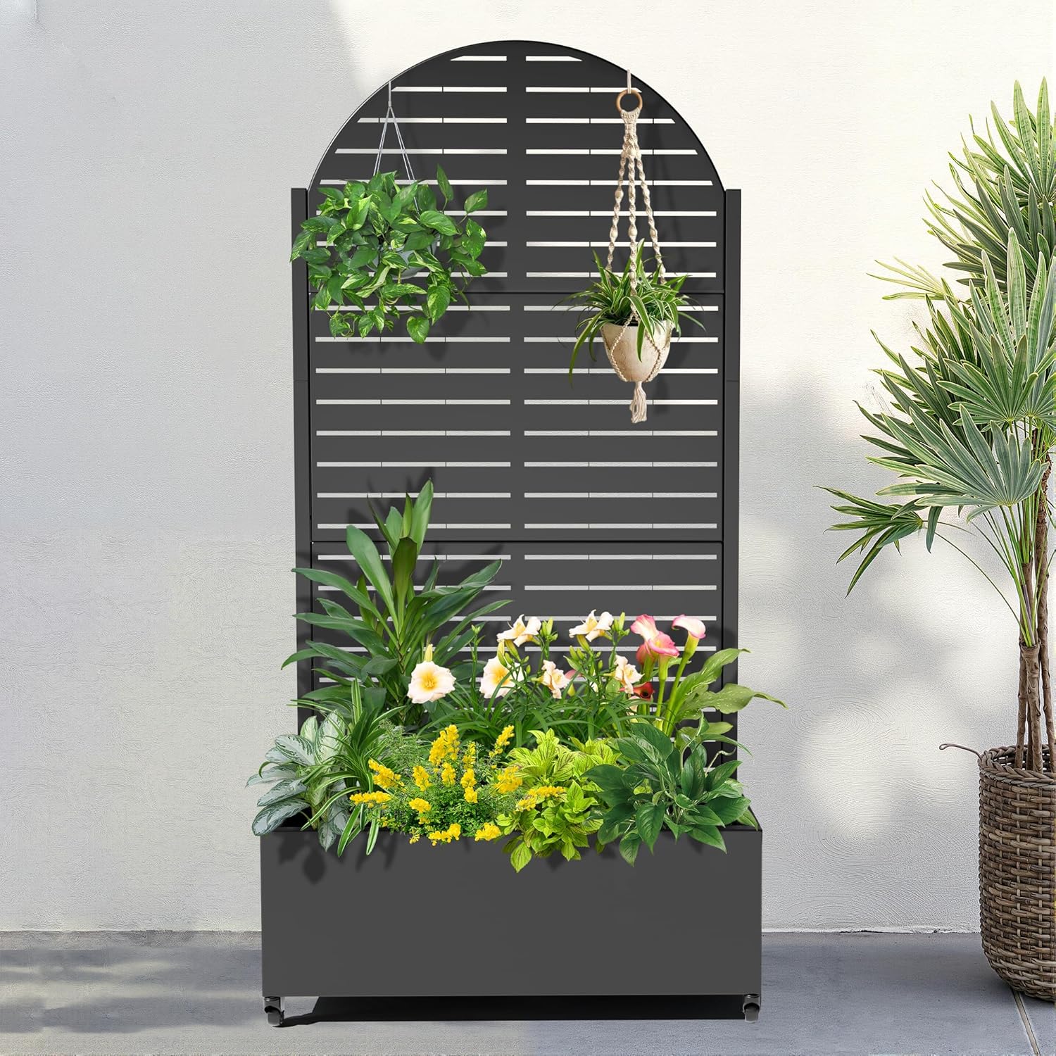 FENCY Metal Raised Garden Bed with Wheels and Trellis,Arched 73"x35"x16" Planter Box for Climbing Plants, Vegetables & Vines, Features Privacy Screen and Drainage Holes (Black-Louvered)