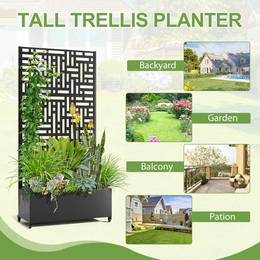 Raised Garden Bed with Trellis and Wheels,73"x35"x16" Metal Raised Garden Bed,Black Modern Metal Planter with Climbing Trellis for Vines & Vegetables