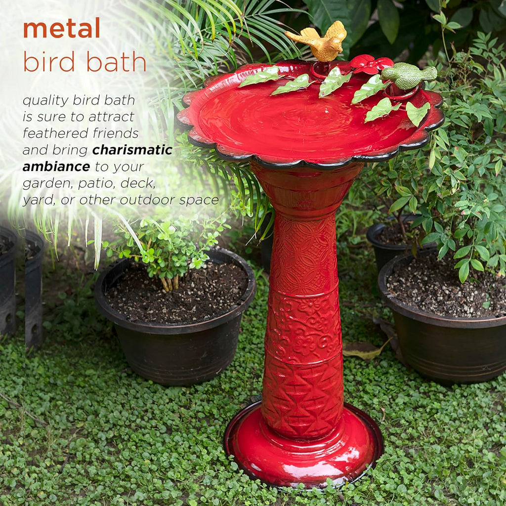 Alpine Corporation - 28" Tall Outdoor Metal Birdbath with Birds and Leaves Yard Statue Decoration, Red – Stunning Garden Accent to Attract Birds - Durable Construction for Patio, Deck, or Yard