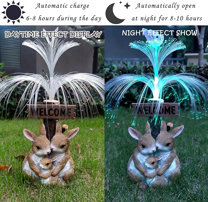 Solar Rabbit Garden Statues,Resin Rabbit Family Figurine with Welcome Card and 7-Color Changing Optical Fiber with Solar Lights, Lawn Decor Outdoor Statue for Patio,Balcony,Yard,Lawn