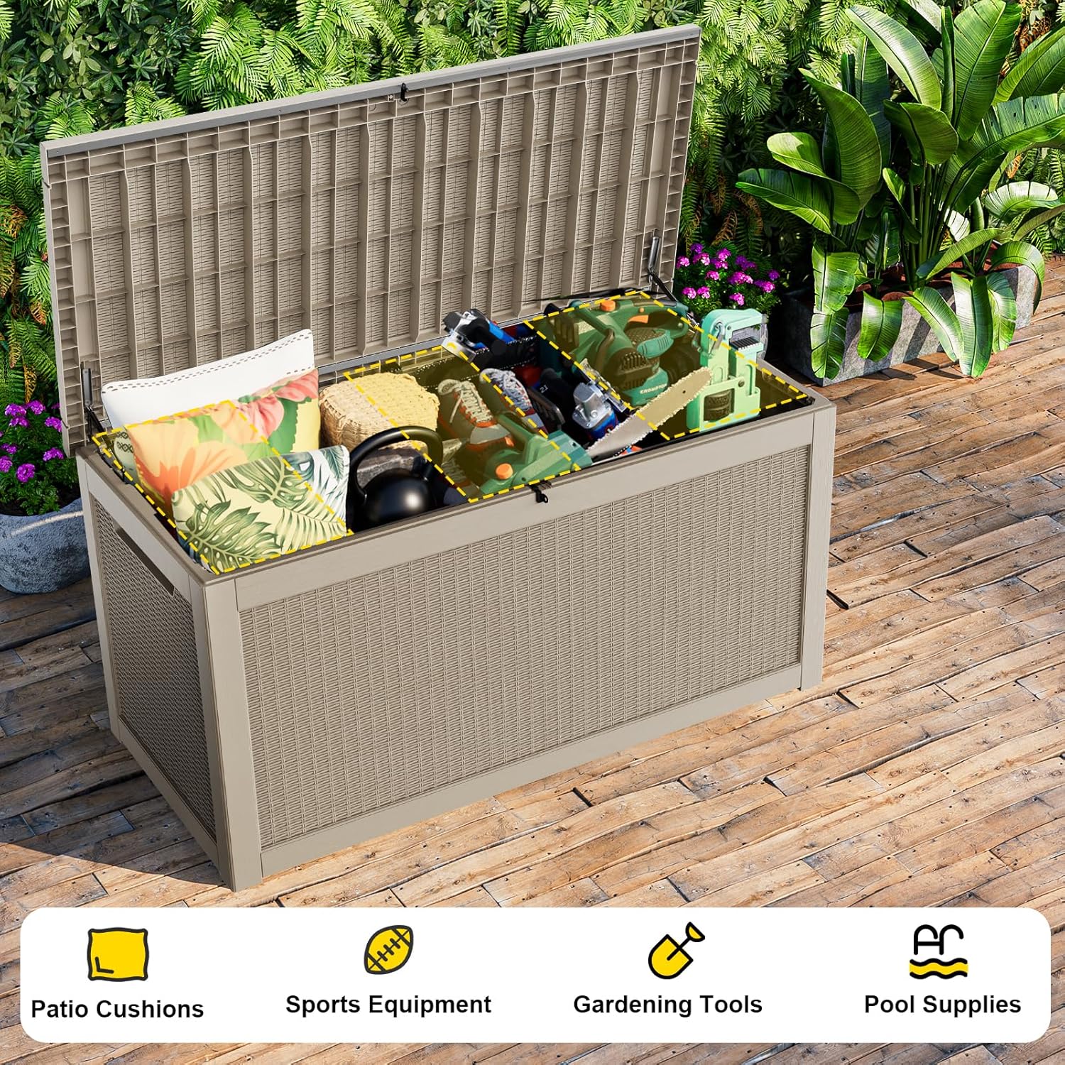 260 Gallon Outdoor Deck Box,Storage Lockable Waterproof Patio Furniture,Garden Tools,Cushions,Pool Accessories Outside Storage Resin Box(Grey)