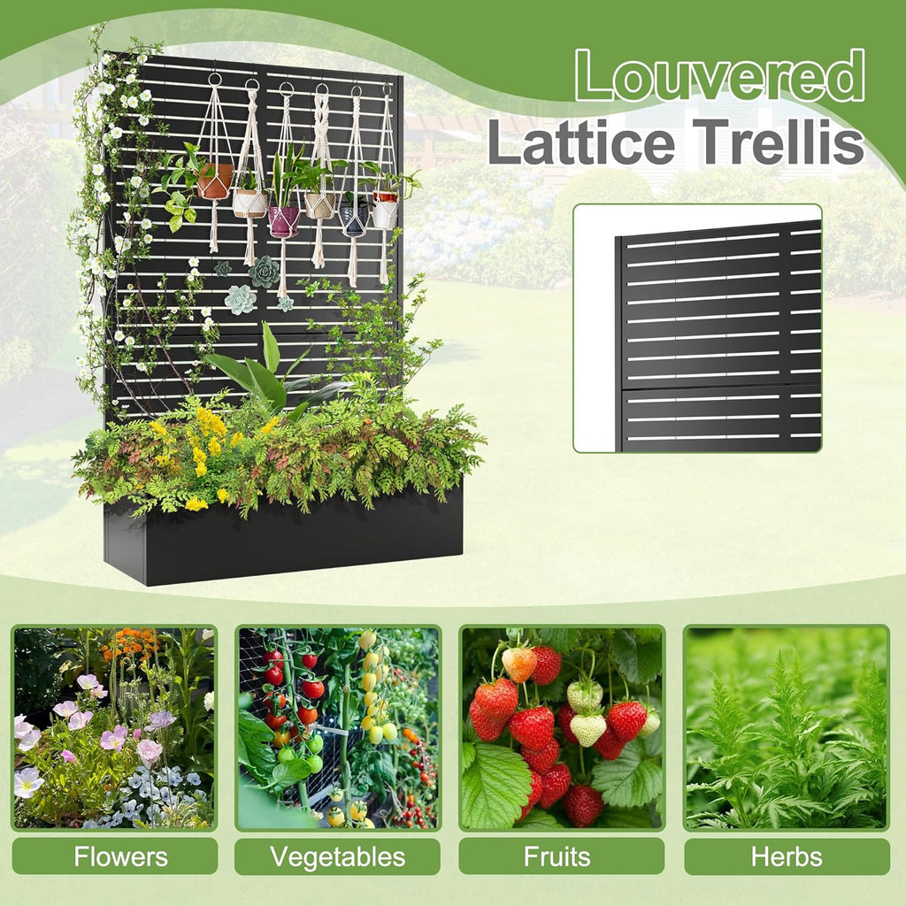 Trellis for Climbing Plants Outdoor，Mental Garden Bed with Drainage Holes Outdoor Privacy Screen Design Tall planters for herb Flower Vegetables 73"x47"x16", Black-Louvered
