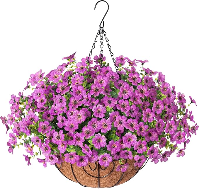 Artificial Fake Hanging Plants Flowers Basket for Outdoor Outside Porch Spring Decoration, Faux Silk Purple Daisy Realistic UV Resistant in Planter for Home Patio Balcony Garden Yard