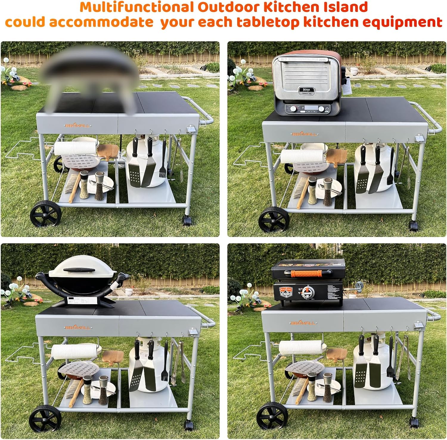 Upgraded Pizza Oven Cart Table for Ooni Koda/Karu/Fyra 16 & 12, Movable Thicken & Widen Rolling Kitchen Cart, Outdoor Grill Stand for Ninja Woodfire,Blackstone Griddle,Carts with Wheels